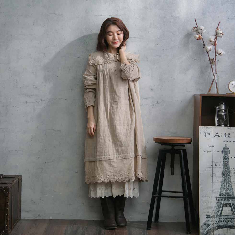 新品本物 秋用 秋物 秋服 ゆったりワンピース スカラップレース 天然素材 綿100 コットン100 見せ 刺繍レース 裾 長袖 肌色 ベイジ ベージュ 色 1 全 チェック柄 マイルド セーラー風 ワンピース アウトレット 在庫限りッ 秋冬 冬用 冬物 冬服