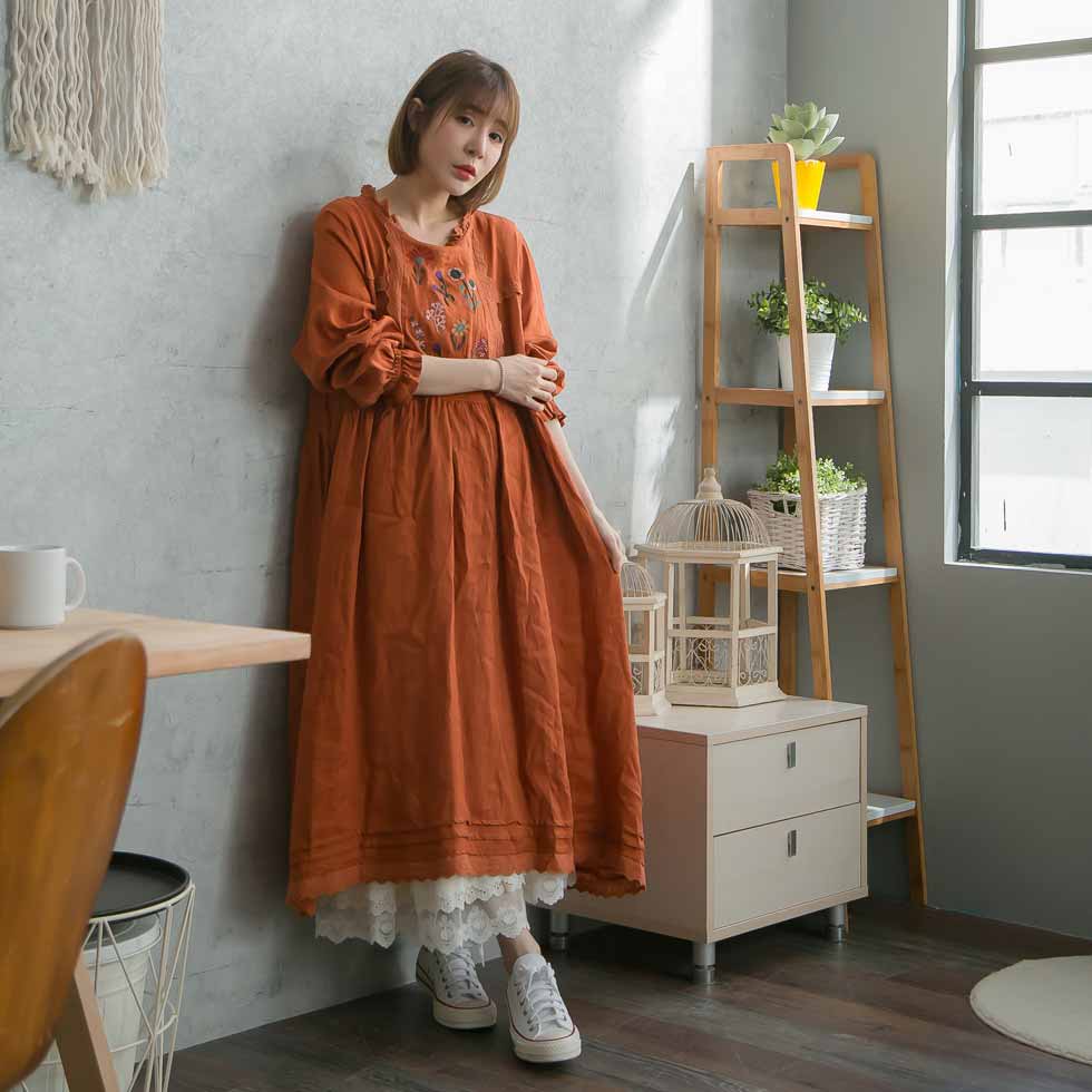 柔らかい リネンワンピース 北欧風 スカラップレース アンティーク調 全 1 色 オレンジ 橙色 七分袖 リネン100 麻100 ヘンプ100 天然素材 大人ワンピース 花柄 春服 春物 春用 春夏 夏服 夏物 夏用 日本産 Www Habs Edu Kw