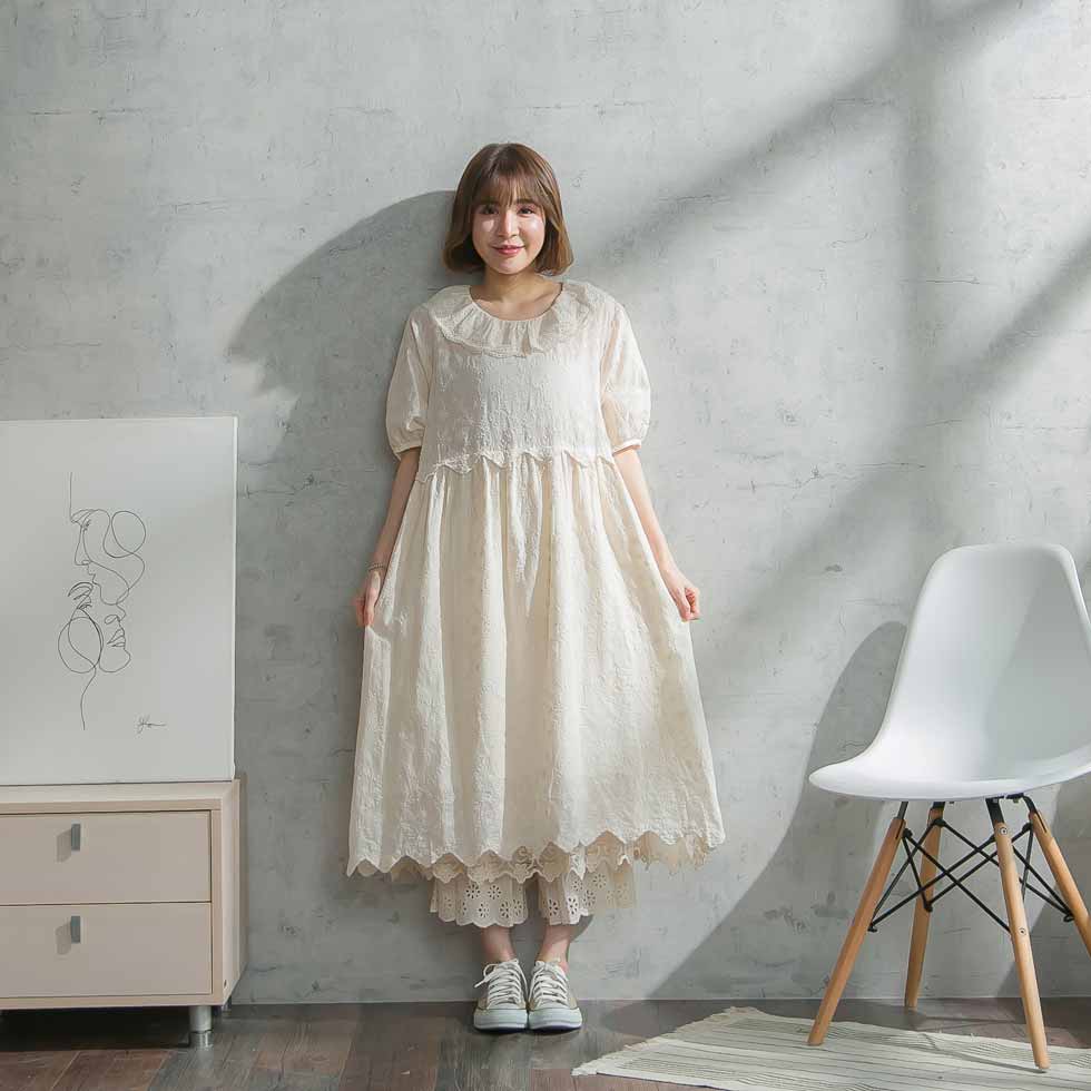 レディースファッション ワンピース 春夏 春用 春物 春服 スカラップレース 天然素材 綿100 コットン100 半袖 薄黄色 生成り 色 3 全 ワンピース 刺繍 コットンワンピース 夏服 夏用 夏物 海外限定