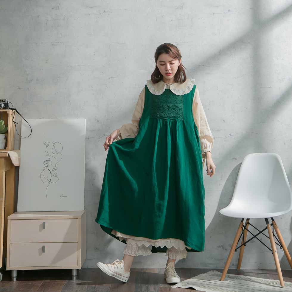 緑色 緑色 麻100 ワンピース リネン100 リネン100 全3色 夏服 ノースリーブ グリーン 全 セール対象 ノースリーブ刺繍レースリネンロングワンピース ヘンプ100 刺繍 グリーン 麻100 3 タンクトップ 天然素材 色 リネンワンピース