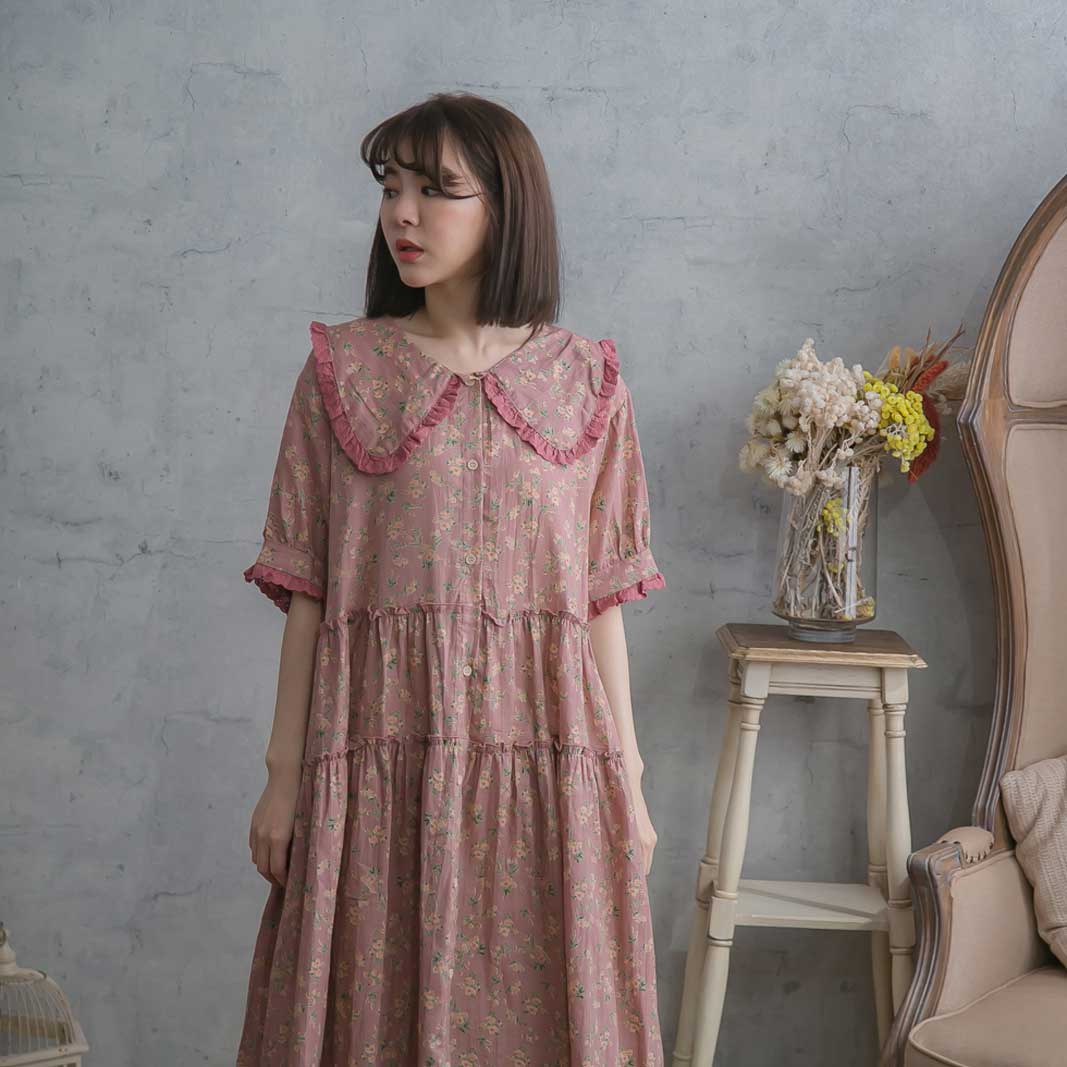 スーパーセール タイムセール 半袖 コットン ワンピース 小花柄 前開き 刺繍 レース 全2色 ピンク 桃色 半袖 コットン100 綿100 天然素材 スカラップレース 春服 春物 春用 春夏 夏服 夏物 夏用 Csg Com Py