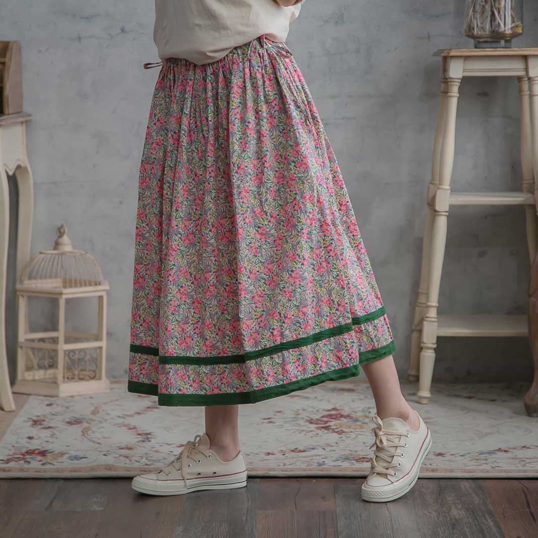 スカート 日本初の ロングスカート 桃色 ピンク 全2色 ゴムウエスト 小花柄 ロングスカート コットン コットン100 夏用 夏物 夏服 春 夏 春用 春物 春服 柄 花柄 花 天然素材 綿100