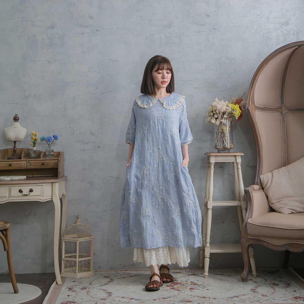 レース 0047 色 夏服 ブルー 春服 レース ワンピース 青色 全 半袖 ブルー 刺繍 青色 コットン 半袖 全1色 1 半袖刺繍レースリネンロングワンピース