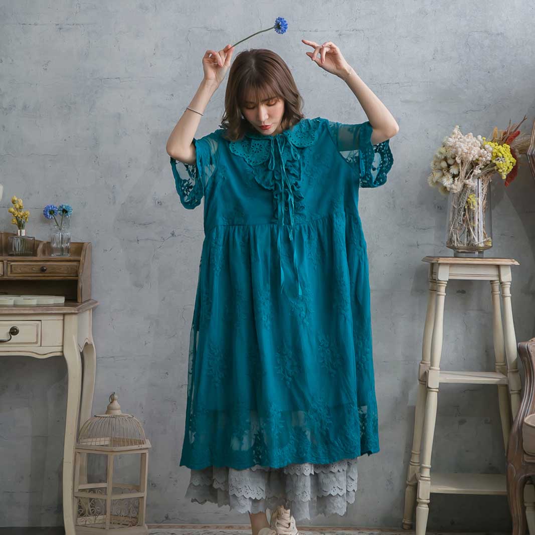 美しい新品送無 0063 半袖刺繍レースシースルーロングワンピース 全 3 色 ブルー 青色 シースルー ワンピース 刺繍 チュール レース 全3色 ブルー 青色 半袖 コットン100 綿100 天然素材 スカラップレース 春服 春物 春用 春夏 夏服 夏物