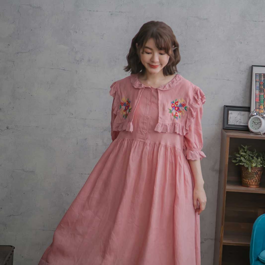 リネン100 ピンク 全 レース ワンピース 夏服 夏物 0014 ピンク 全3色 3 セーラー風 昭和レトロ 桃色 半袖 麻100 色 小花柄 桃色 半袖刺繍レースリネンロングワンピース ヘンプ100 天然素材 刺繍 スカラップレース
