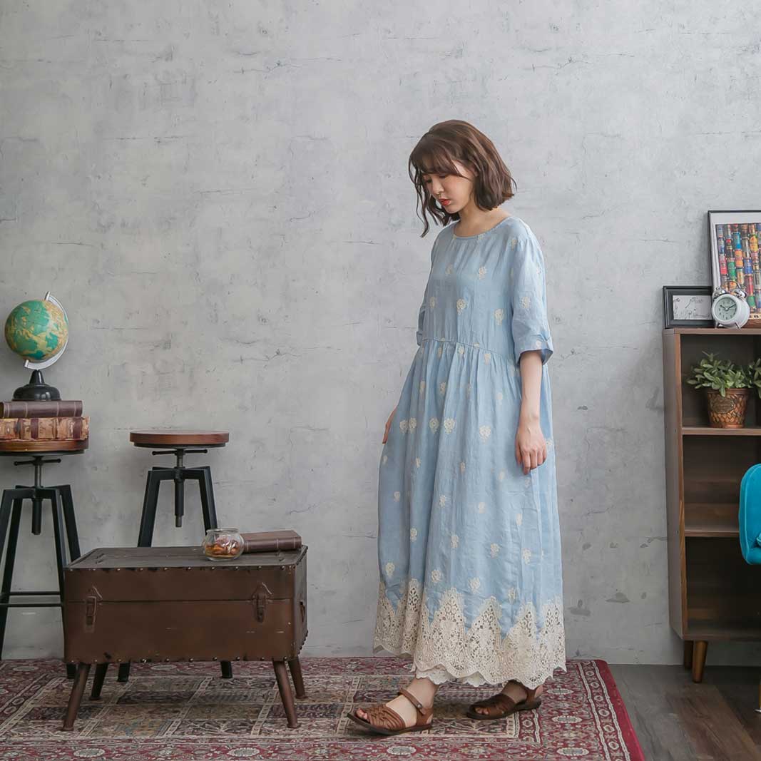 レディースファッション ワンピース 後払い手数料無料 春物 春服 スカラップレース 天然素材 ヘンプ100 麻100 リネン100 半袖 青色 ブルー 色 3 全 レース 刺繍 ワンピース 見せ 裾 春用 夏用 夏物 夏服 春夏 Dongrenursery Com