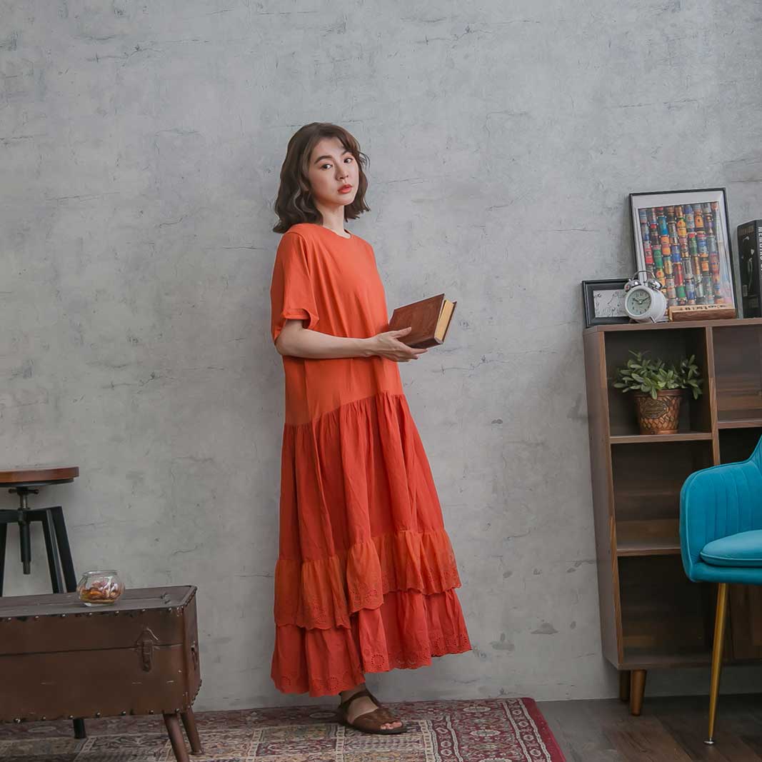 オレンジ 橙色 トップス 全3色 ワンピース レース 刺繍 トップス 半袖刺繍レースリネンコットンロングワンピース 見せ 0024 スカラップレース Tシャツ 裾 レース 全 3 色 オレンジ 橙色 半袖 コットン100 綿100 リネン100 麻100 ヘンプ100 天然