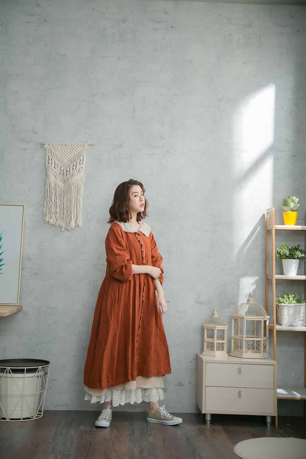 即日出荷 楽天市場 リネンワンピース 北欧風 レトロ アンティーク調 全 3 色 オレンジ 橙色 長袖 リネン100 麻100 ヘンプ100 天然素材 スカラップ 前開き ボタン留め 春服 春物 春用 春夏 夏服 夏物 夏用 Mycloset 手数料安い Advance Com Ec