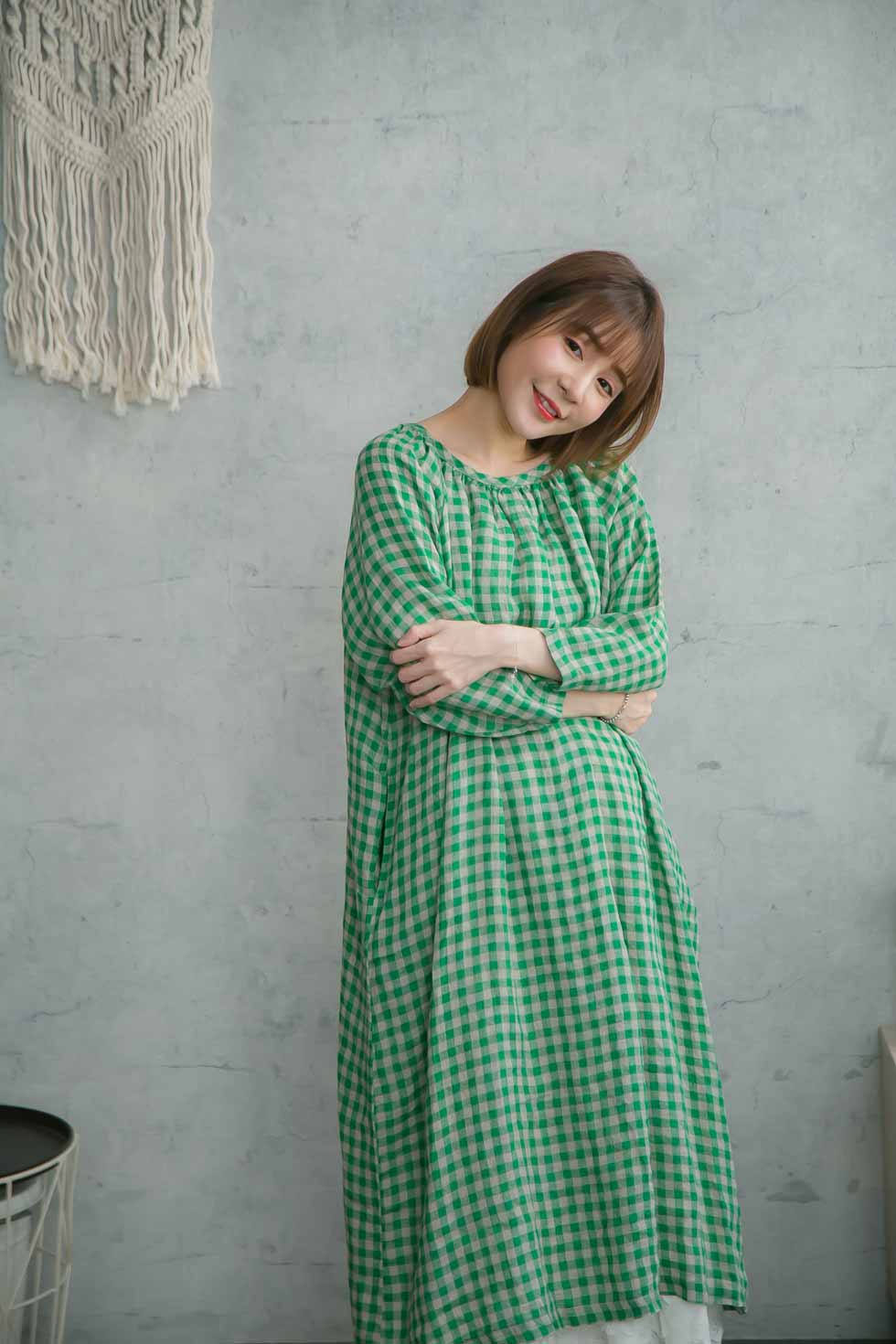 即納最大半額 チェック柄ワンピース ギンガムチェック 全 4 色 グリーン 緑色 七分袖 リネン100 麻100 ヘンプ100 天然素材 大人ワンピース 春服 春物 春用 春夏 夏服 夏物 夏用 最先端 Www Salonlesamis Com
