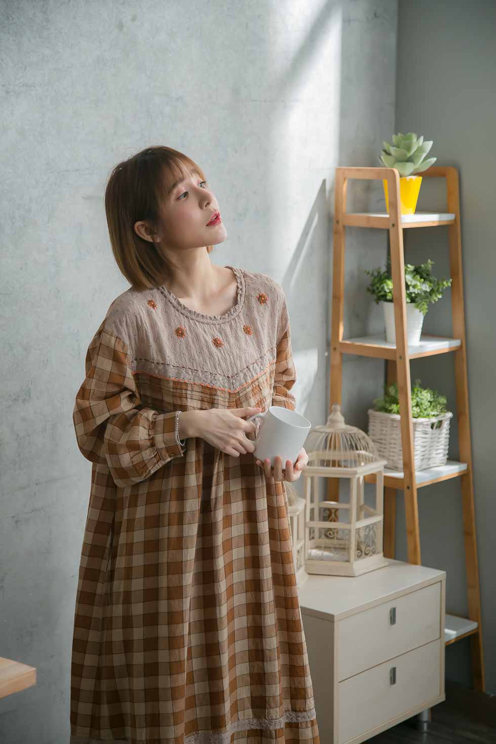 人気ブランド 楽天市場 お買い物マラソン 限定 チェック柄ワンピース ギンガムチェック 全 3 色 ライトブラウン 薄茶色 長袖 コットン100 綿100 天然素材 大人ワンピース スカラップ 春服 春物 春用 春夏 夏服 夏物 夏用 Mycloset 在庫あり 即納