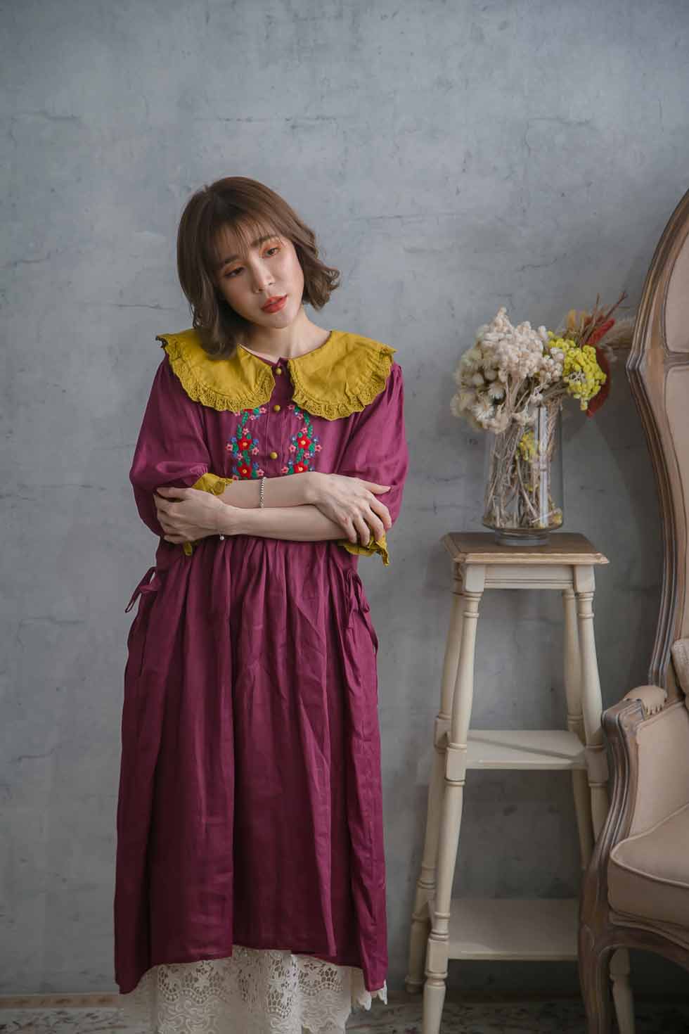 超特価激安 半袖 リネン ワンピース 刺繍 レース 襟 昭和レトロ 全2色 パープル 紫色 半袖 リネン100 麻100 ヘンプ100 天然素材 スカラップレース 春服 春物 春用 春夏 夏服 夏物 夏用 超美品 Haringeylawcentre Org Uk