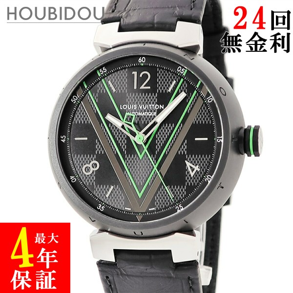 ＼5%OFF大売り出し ＆最大限度5万円銀行割引クーポン券 量目押さえる／ ルイヴィトン LOUIS VUITTON タンブール オトマティック ダミエグラフィット スピード競技 QA131Z 黒 緑 Vロゴタイプ メンズ ウオッチ自動小銃一巻き 黒いこと 【中古】