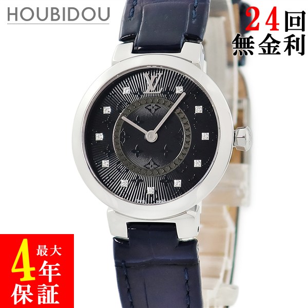 ＼最大限度5万円銀行割引クーポン券 量目押さえる／ ルイヴィトン LOUIS VUITTON タンブール か細い PM QA143Z 完全無欠金剛石 モノグラム 黒 黒いこと ギョウシェ レディース ウオッチ石英 黒いこと 【中古】