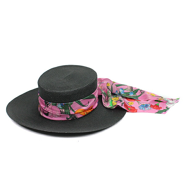 ポイント10倍 グッチ Gucci ハット 花と蛇柄 ピンクリボン ポリエステル ペーパーヤーン ブラック レディース 箱 定番 人気 美品 中古 Arganita Tn