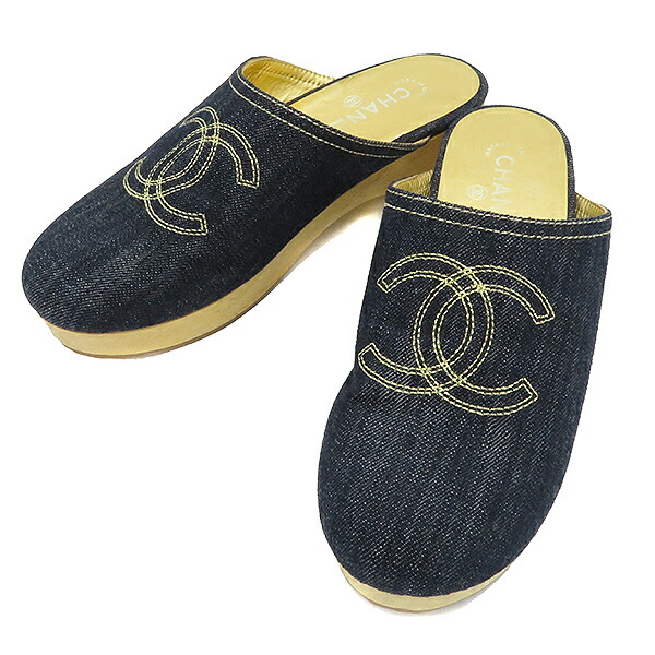 6 26 1時までポイント5倍 シャネル Chanel サンダル ココマーク デニム サボサンダル デニム ウッド インディゴブルー ベージュ デニムブルー ウッドソール A 39 レディース定番 人気 美品 中古 Andapt Com