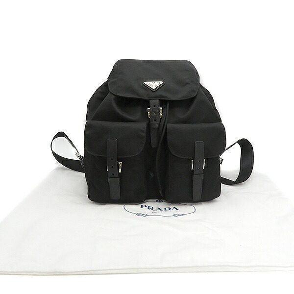 芸能人愛用 Prada プラダ リュック デイパック 中古 美品 人気 保存袋 定番 ユニセックス レディース メンズ 1bz811 シルバー金具 バックパック 黒 Nero レザー ナイロン 三角ロゴプレート Vela バッグ