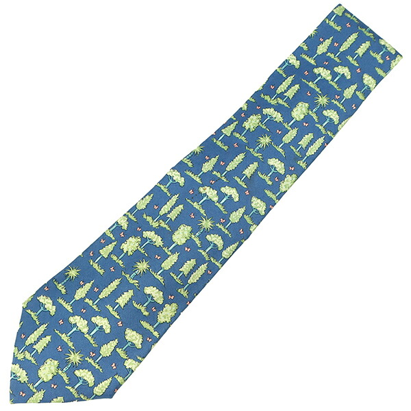 ＼ポイント10倍 &最大5万円割引クーポン4/4 20時から／ エルメス HERMES ネクタイ 植物柄 9cm シルク ブルー×ライトグリーン 青 黄緑 木 森 【中古】