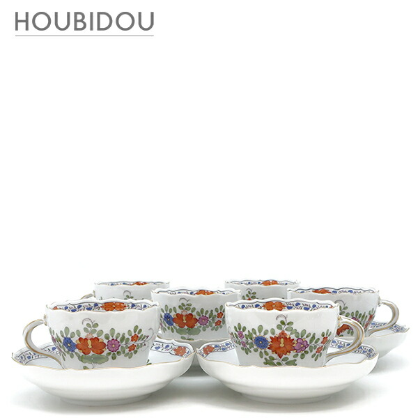 マイセン MEISSEN 食器 バーラットの華 優勝杯＆平円盤 6客仕掛ける 瀬戸もの 白いこと×マルチ色合い×ゴールド 白 珈琲 紅茶  【箱】【中古】