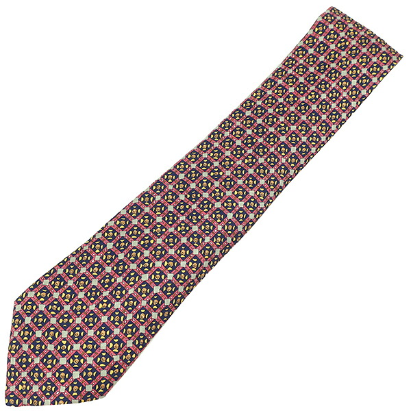＼ポイント15倍 &最大5万円割引クーポン4/4 20時から／ エルメス HERMES ネクタイ 総柄 9cm シルク レッド×ネイビー 赤 紺 【箱】【中古】