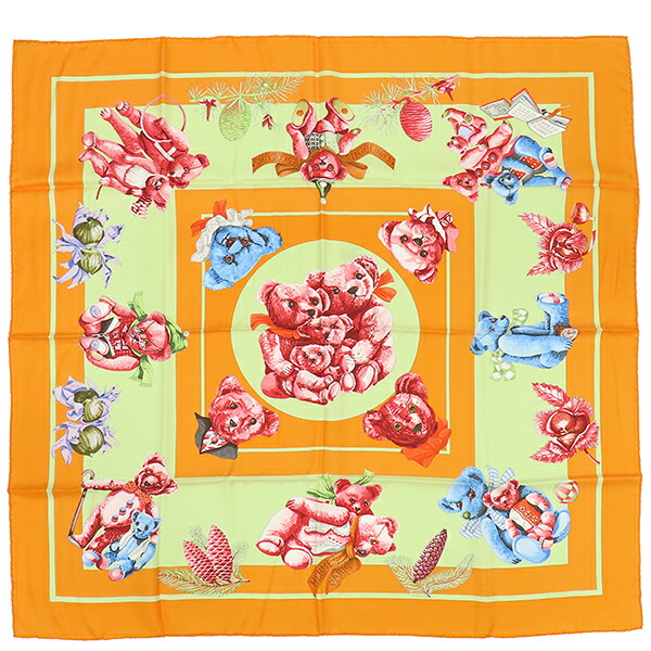エルメス HERMES スカーフ カレ90 CARRE シルク オレンジ×ライトグリーン×マルチカラー 【CONFIDENTS DES COEURS/心の友】　 【中古】 32,370円