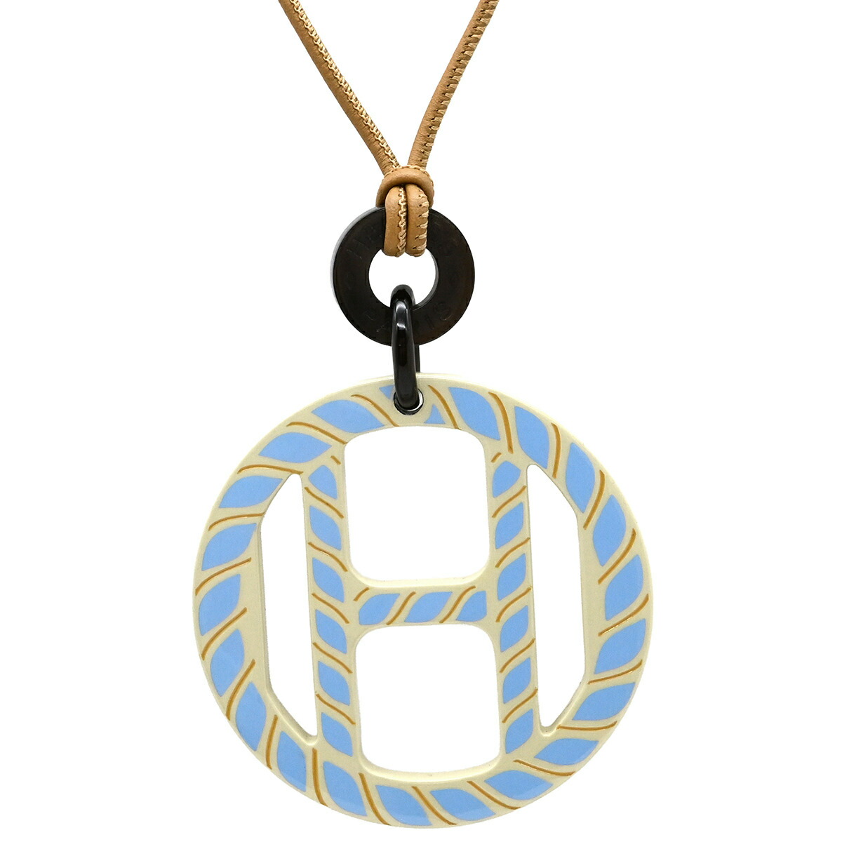 エルメス HERMES ネックレス Hエキップ ノーティック バッファローホーン レザー ラッカー セサミ×ブルー 茶 水色 【箱】【中古】