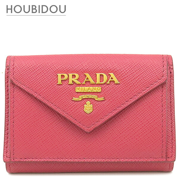 プラダ PRADA 三つ折り紙入れ 金属元素ロゴタイプ なめし革 さくら色 ゴールド金具 コンパクトウォレット  1MH021 【箱】【中古】