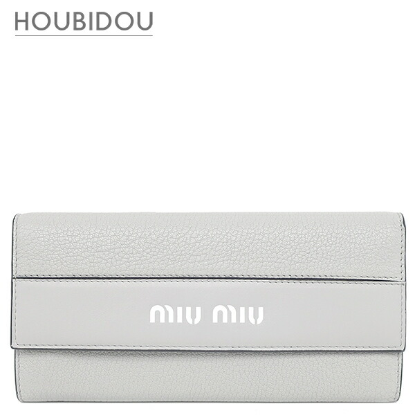 ミュウミュウ MIU MIU 長紙入れ 二つ折り ロゴタイプ なめし革 薄墨色 しろがね色金具 ロングウォレット 歌留多入れもの付き添い人  5MH109 【箱】【中古】