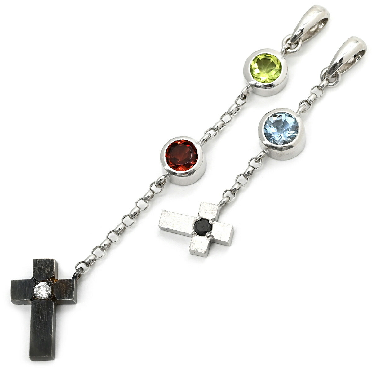 ペンダントトップ ダイヤ アクアマリン ペリドット ガーネット ブラックダイヤ ホワイトゴールド ネックレストップ 18K 18金 750 十字架 2点セット 【中古】