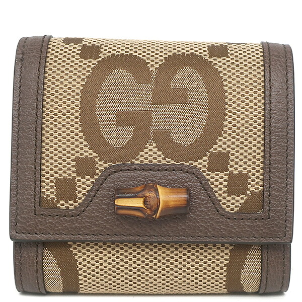 \ポイント5倍/ グッチ GUCCI 二つ折り財布 ジャンボGG ダイアナ コンパクトウォレット レザー GGキャンバス ベージュ×ブラウン バンブー 658635 【箱】【中古】