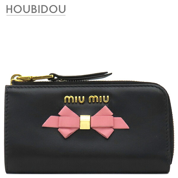 \ポイント10倍/ ミュウミュウ Miu Miu キーケース リボン付き キーケース カーフ ブラック ゴールド金具 黒 ピンク 小銭入れ 2B61【中古】|HOUBIDOU 心斎橋店