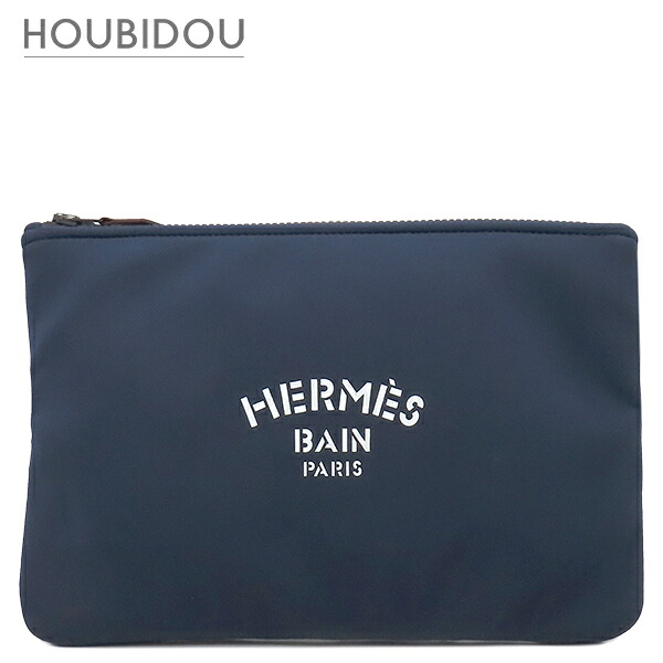 ＼2%OFF大売り出し ＆最大限度5万円銀行割引クーポン券 量目押さえる／ エルメス Hermes 合切袋 トゥルースフラット ネオヴァン MM ナイロン ポリアミド エラスタン 米国海軍 つや消し黒いこと金具 紺 ウエットスーツ風 ボンディング 【中古】