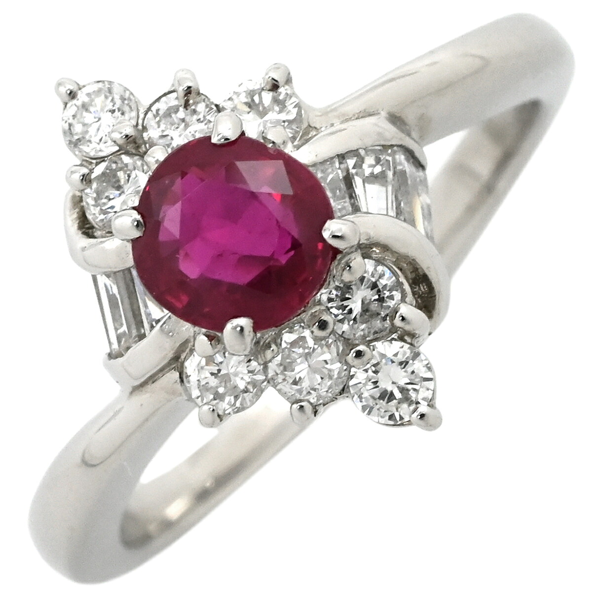 リング 指輪 ルビー 0.63ct ダイヤ 0.48ct レッド×プラチナシルバー 赤 1P 1石 1粒 プラチナ Pt900 メレダイヤ パヴェ バケットカット 10号【中古】
