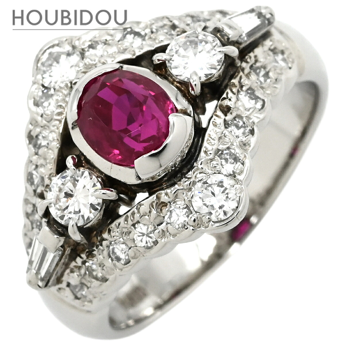 リング 指輪 ルビー 0.94ct ダイヤ 0.68ct レッド&times;プラチナシルバー 赤 1P 1石 1粒 プラチナ Pt900 メレダイヤ パヴェ バケット オーバル 楕円 12号【中古】｜HOUBIDOU 心斎橋店 97,119円