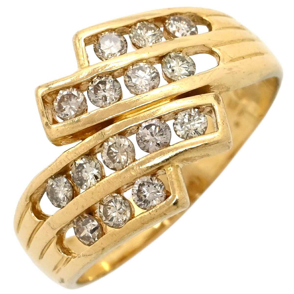 リング 指輪 ダイヤ 0.50ct イエローゴールド Au750 18K 18金 メレダイヤ 15P 15石 15粒 クロスライン ジグザグデザイン ウェーブ バイパス 11号【中古】