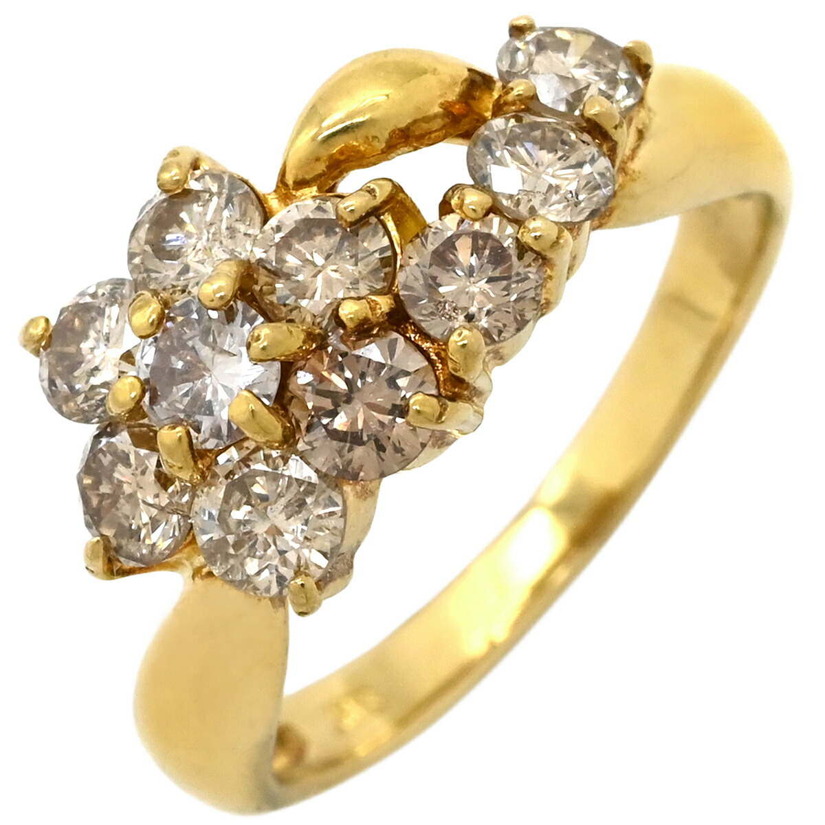 リング 指輪 ダイヤ 1.0ct イエローゴールド Au750 18K 18金 10P 10石 10粒 フラワーモチーフ 花 パヴェダイヤ クラスターセッティング 9号【中古】