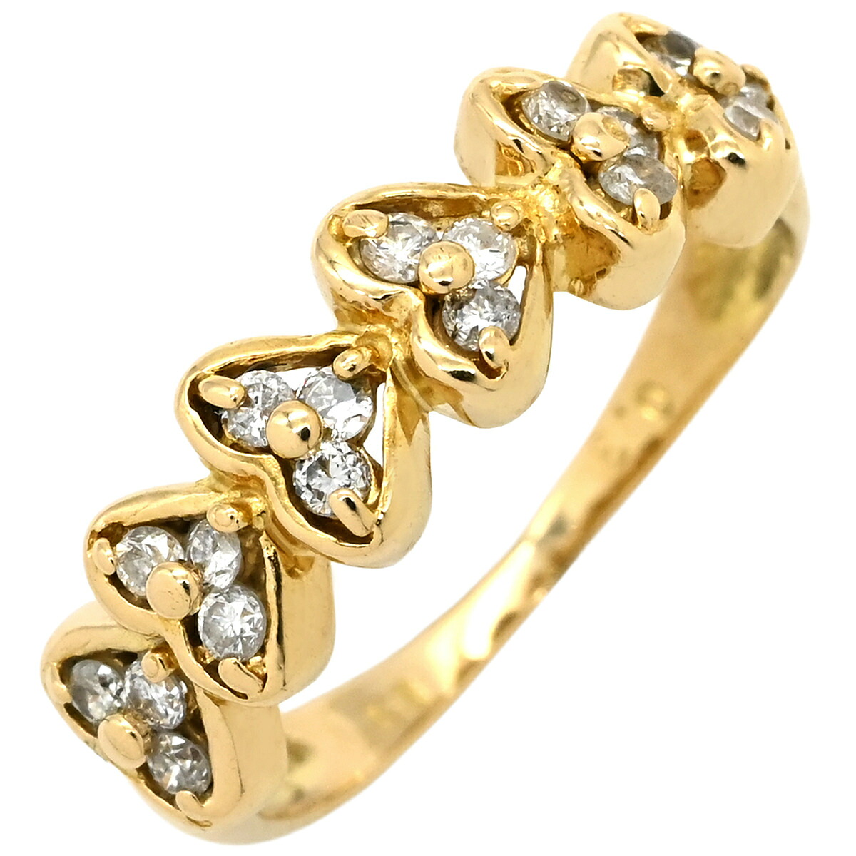 ＼ポイント5倍 &最大5万円割引クーポン4/4 20時から／ リング 指輪 ダイヤ 0.3ct イエローゴールド Au750 18K 18金 メレダイヤ 18P 18石 18粒 ハートモチーフ 一文字デザイン 11号【中古】