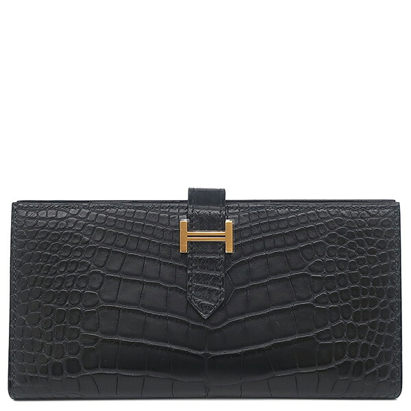 ＼ポイント5倍／ エルメス HERMES 長財布 ベアンスフレ アリゲーターマット ブラック ゴールド金具 新品 未使用 黒 クロコ 二つ折り財布 K刻印(2025年製) 【箱】【中古】