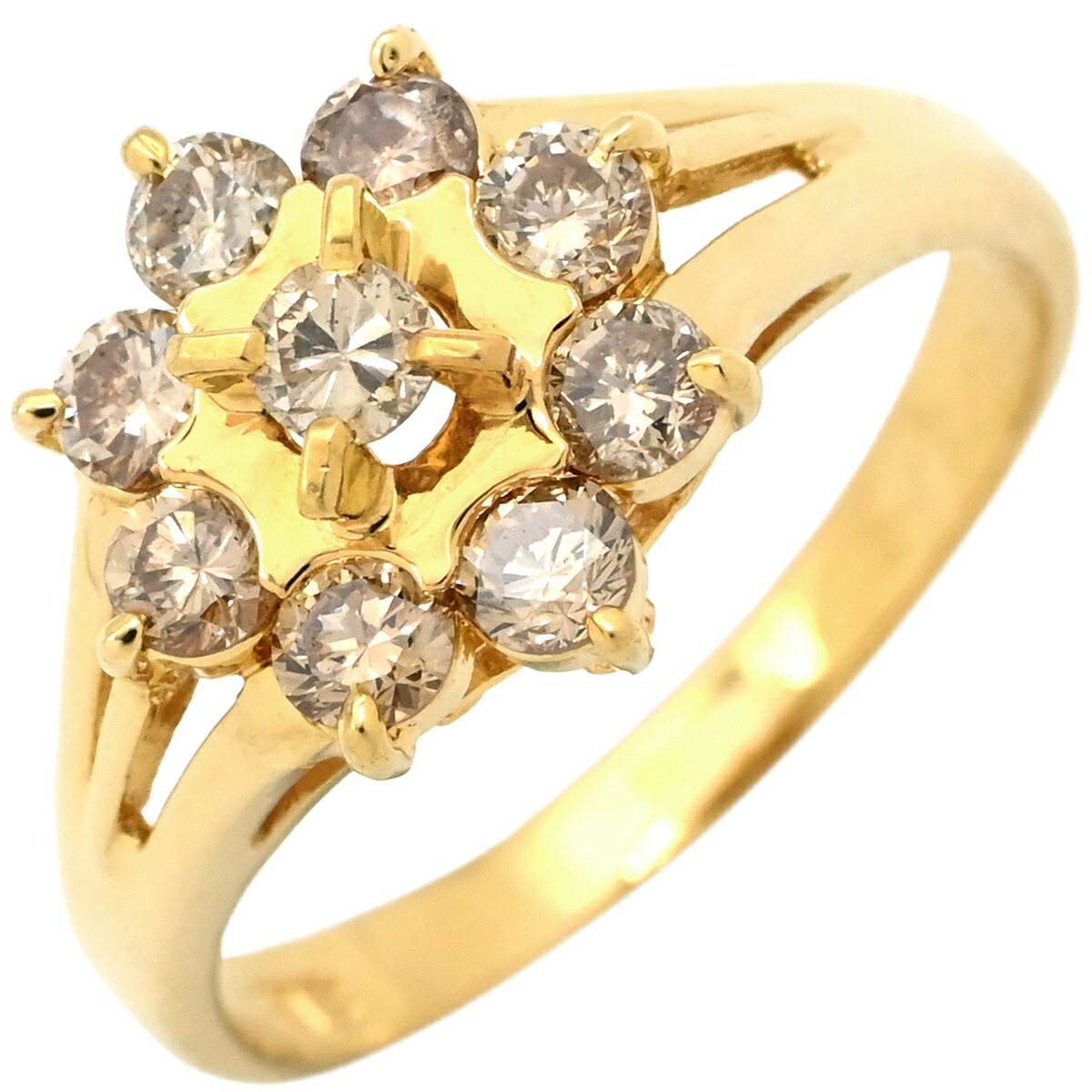 リング 指輪 ダイヤ 0.73ct イエローゴールド Au750 18K 18金 9P 9石 9粒 フラワーモチーフ 花 クラスターセッティング 11.5号【中古】