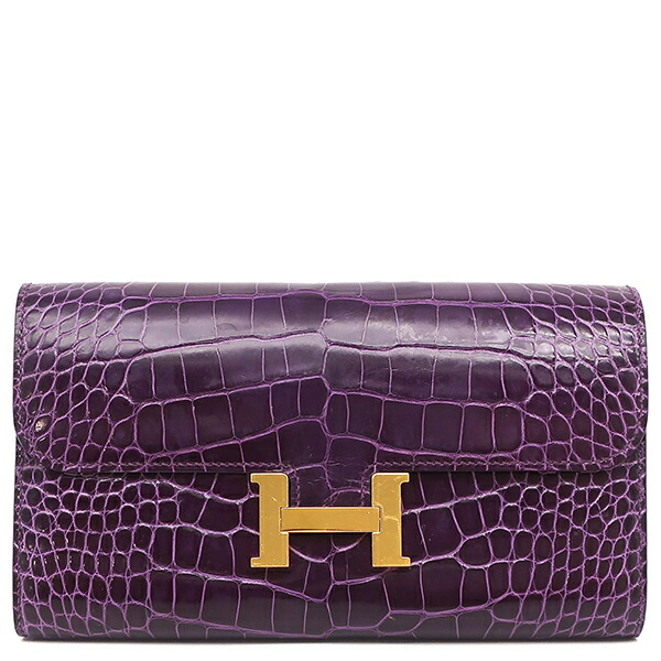 \ポイント5倍/ エルメス HERMES 長財布 コンスタンス トゥーゴー アリゲーター カシス ゴールド金具 紫 クロコ ショルダー U刻印【中古】