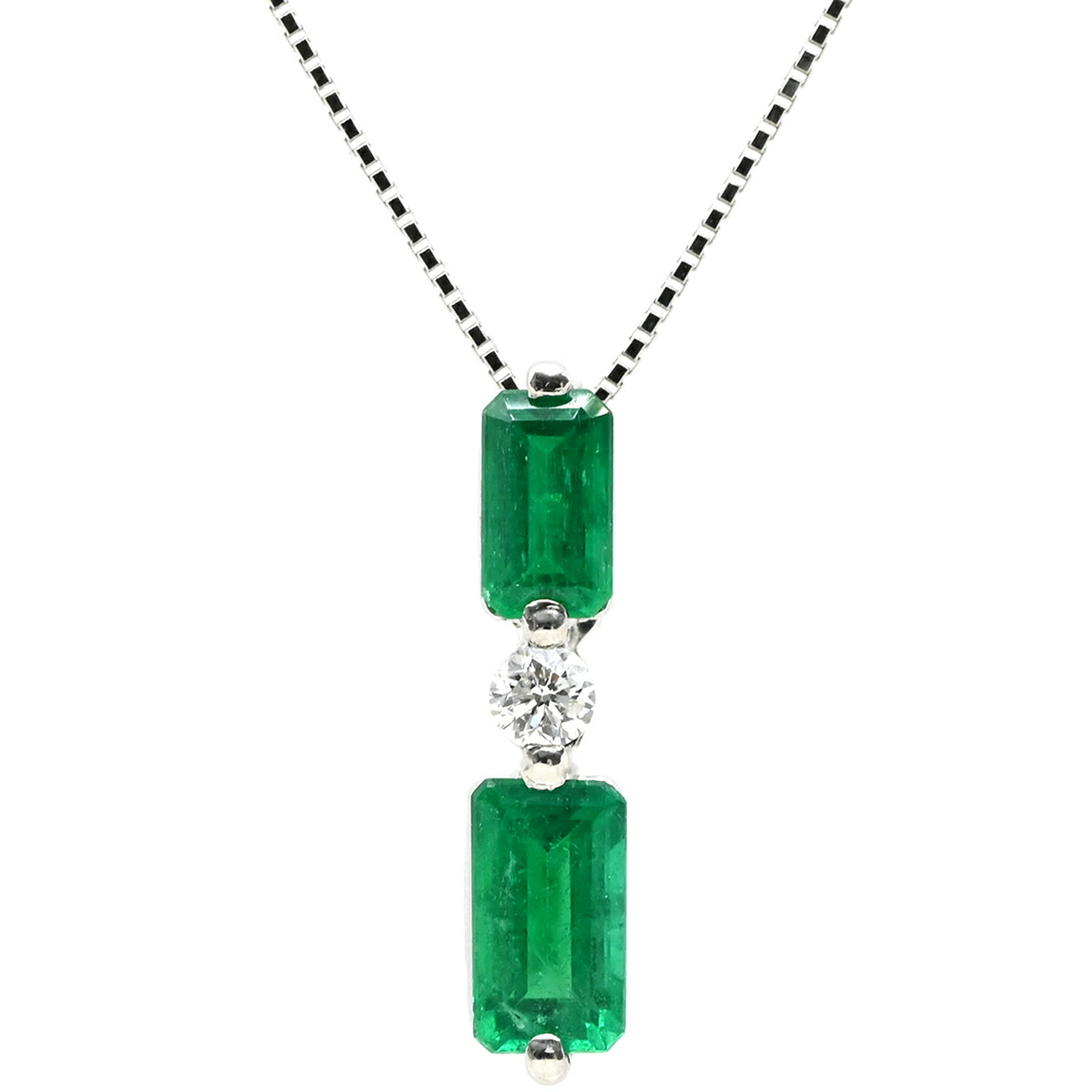 ＼ポイント5倍／ ネックレス エメラルド 1.53ct ダイヤ ペンダント プラチナシルバー 緑 1Pダイヤ スクエア エメラルドカット ベネチアンチェーン プラチナ 【中古】