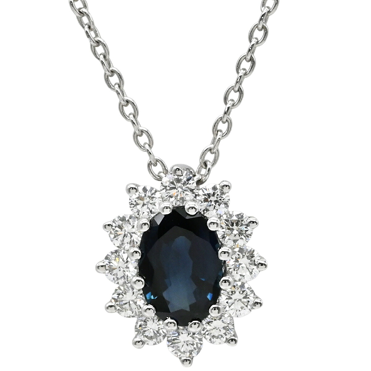 ネックレス ブルーサファイア ダイヤモンド ペンダント ホワイトゴールド 青 ブルー オーバルミックスカット 18KT 750 WG 【中古】