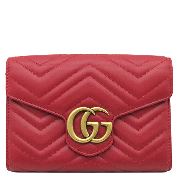 グッチ GUCCI チェーンウォレット GGマーモント レザー レッド ゴールド金具 赤 チェーン ショルダーバッグ シェブロン キルティング 474575 【箱】【中古】