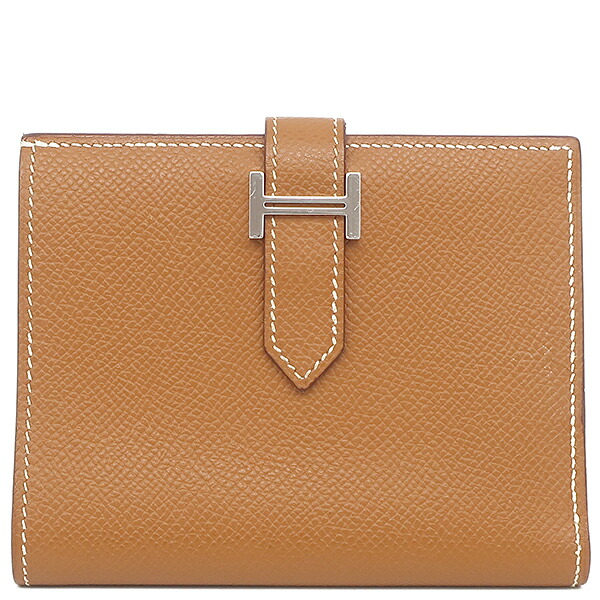 エルメス HERMES 二つ折り財布 ベアンコンパクト ヴォーエプソン ゴールド シルバー金具 茶 □K刻印【中古】