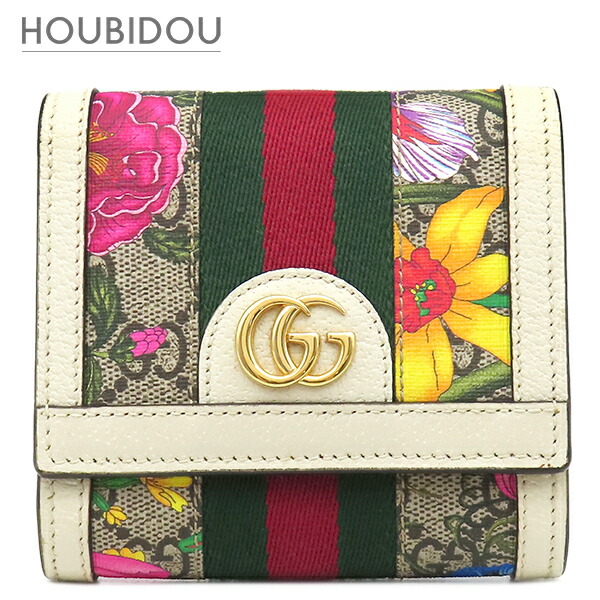 グッチ Gucci 二つ折り紙入れ オフィディア GG 植物相 ウォレット GGスプリームキャンバス 象牙色×マルチ色合い ゴールド金具 花柄  598662 【保護すること袋】【中古】