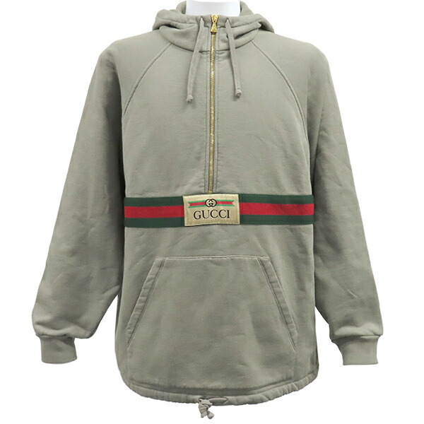 ＼最大5万円割引クーポン 4/4 20時から 数量限定／ グッチ GUCCI パーカー ハーフジップ スウェット コットン カーキ M ゴールド金具 ウェブストライプ トレーナー フーディー 長袖 644656【中古】