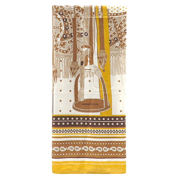 エルメス HERMES ストール カレ140 カレジェアン カシミヤ シルク カリー×キャラメル×ブラン 【SELLE DE DIGNITAIRE/高官の鞍】 【中古】