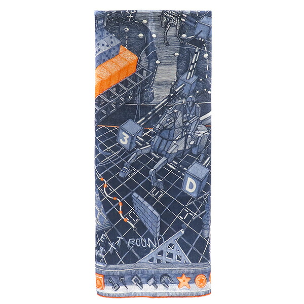 エルメス HERMES ストール カレ100 CARRE カシミヤ シルク ネイビー×マルチカラー 【THE GAME】 【箱】【中古】