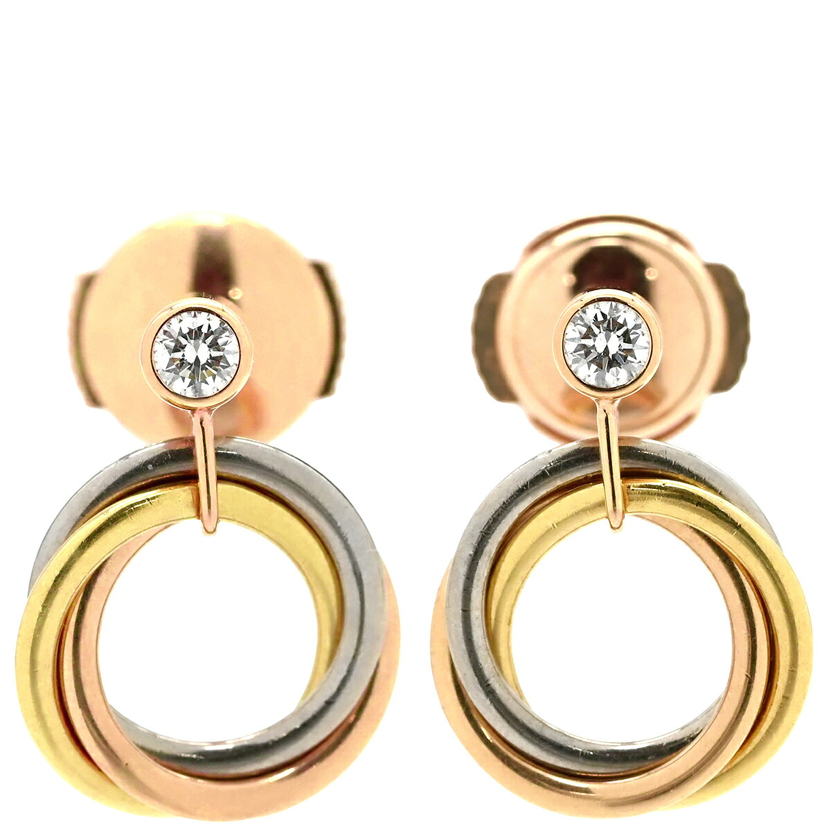\最大5万円割引クーポン 4/4 20時から 数量限定/ カルティエ Cartier ピアス トリニティ ダイヤ ホワイトゴールドXイエローゴールドXピンクゴールド 1Pダイヤ 3連 18K 750 YG PG WG キャッチ片方他社品 【中古】