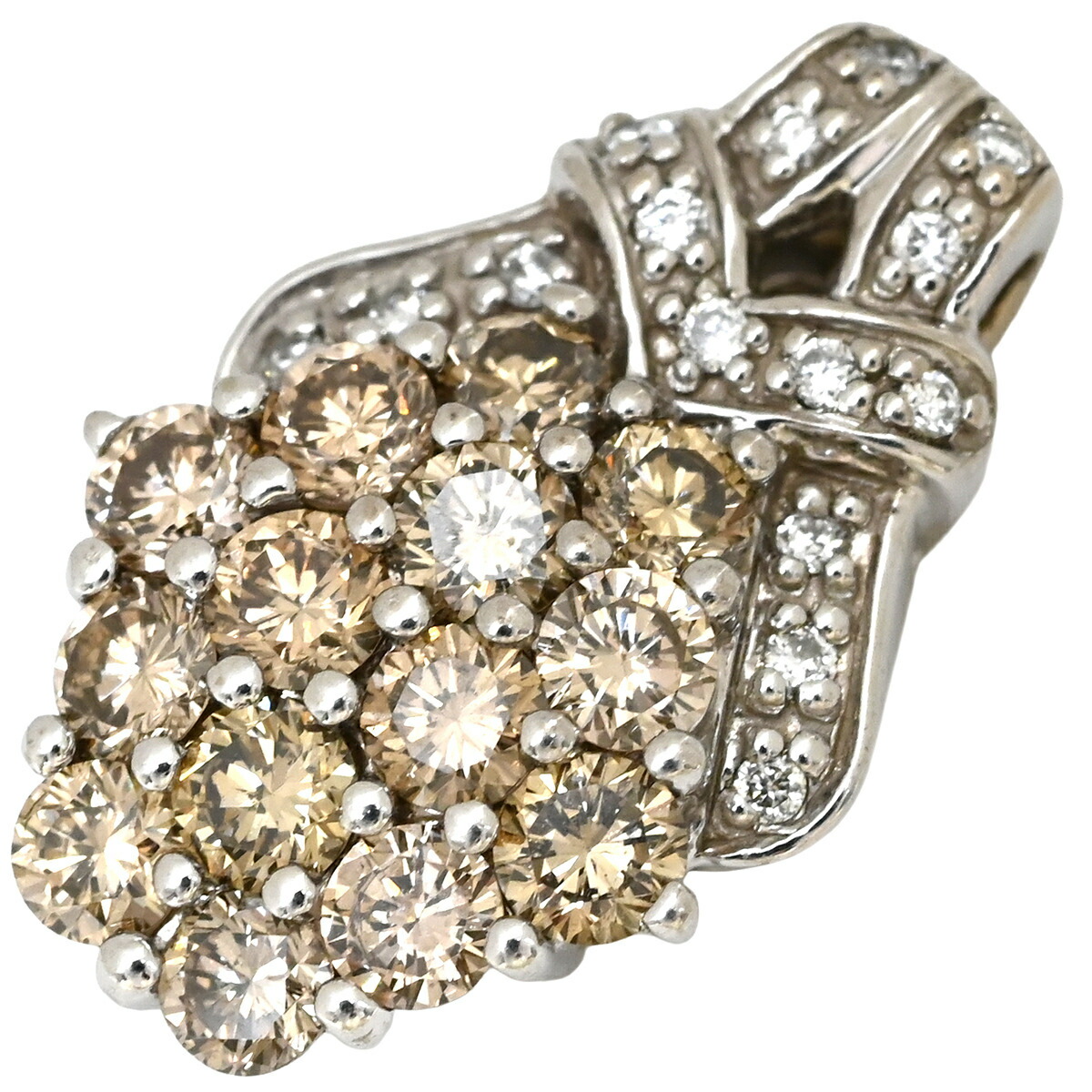 ペンダントトップ ダイヤ ネックレストップ ホワイトゴールド Au750 18K 18金 WG ブラウンダイヤ クラスター 1.0ct 【中古】