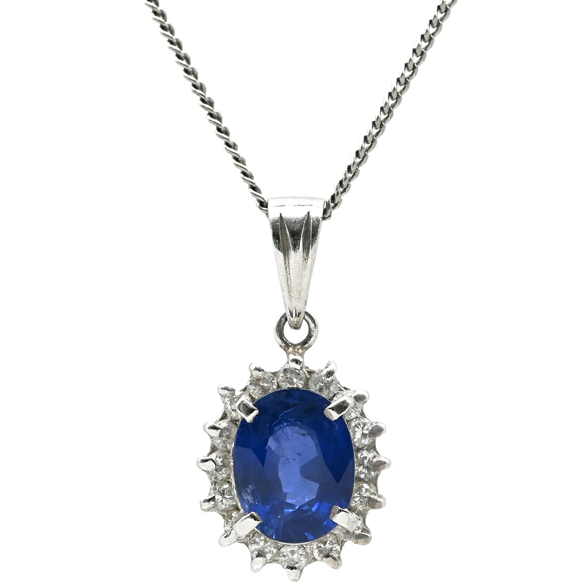 ＼最大5万円割引クーポン 4/4 20時から 数量限定／ ネックレス ブルーサファイア 1.47ct ダイヤ 0.2ct ブルー×プラチナシルバー Pt900 プラチナ 青 ヘイローデザイン 【中古】